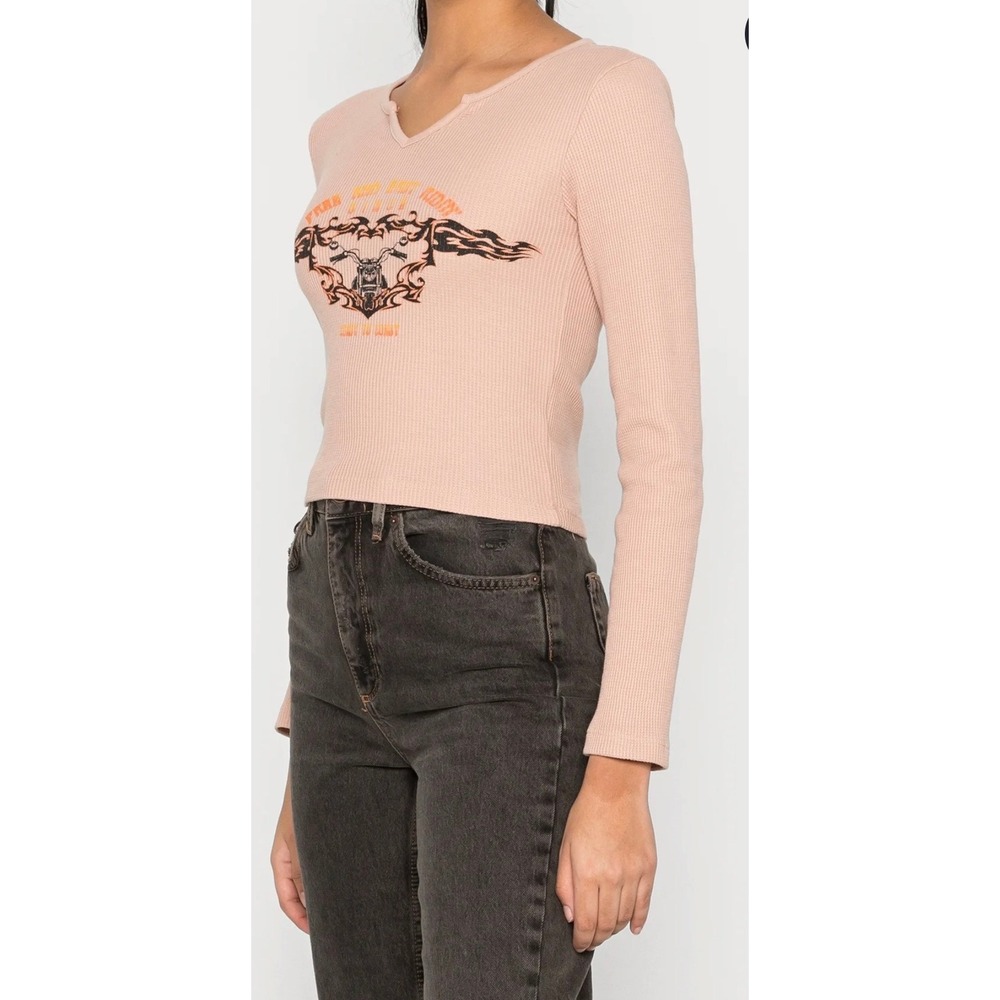 BDG Waffle Knit Graphic Top Womens L Pink Free and Easy Rider Moto Y2K Thermal